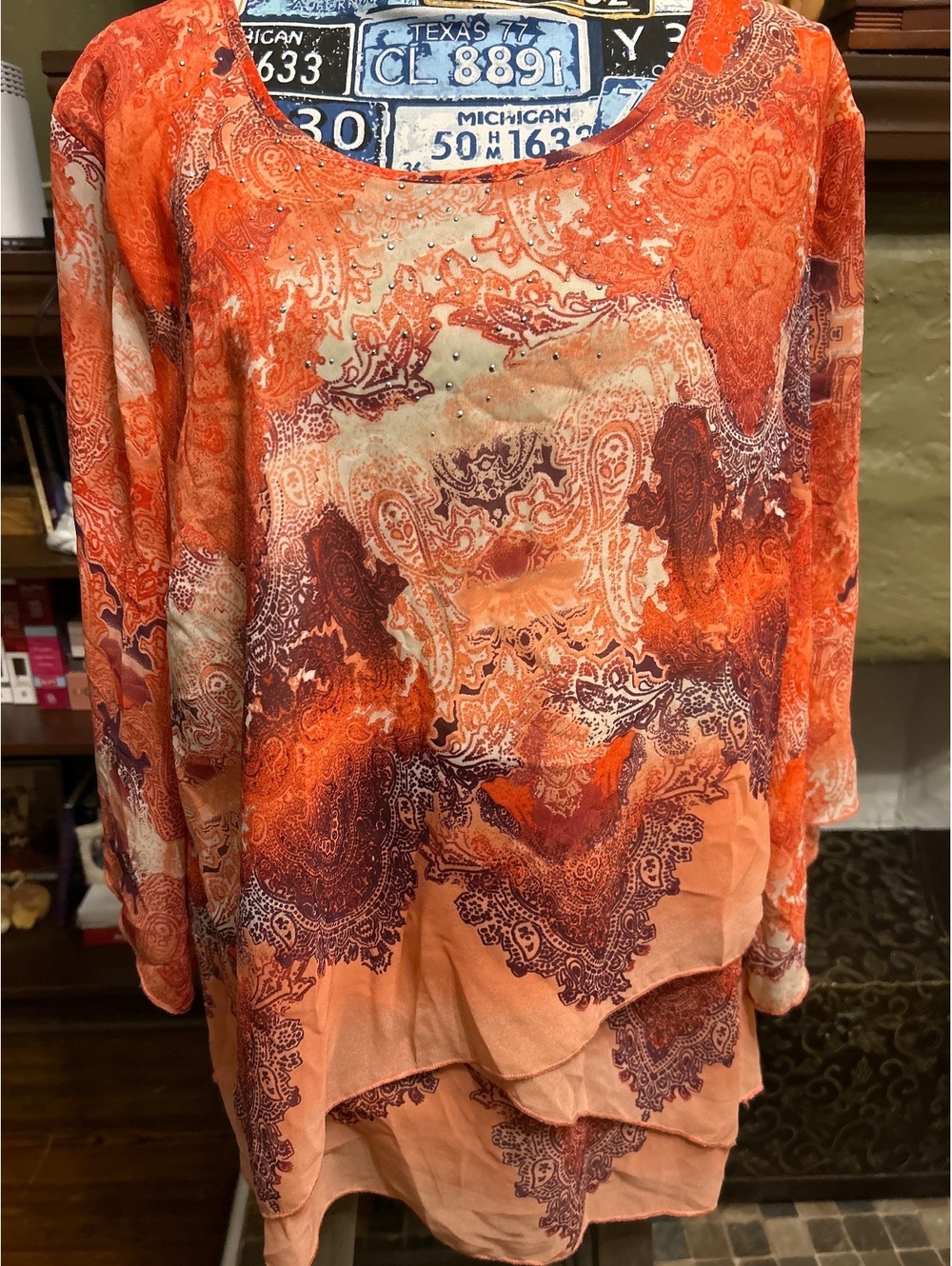 JM Collection Women's XL Orange Paisley Print Long Sleeve Blouse